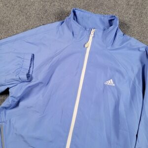 Adidas Jacket Womens Large Blue Full Zip Windbreaker 3 Stripes Running Athletic
